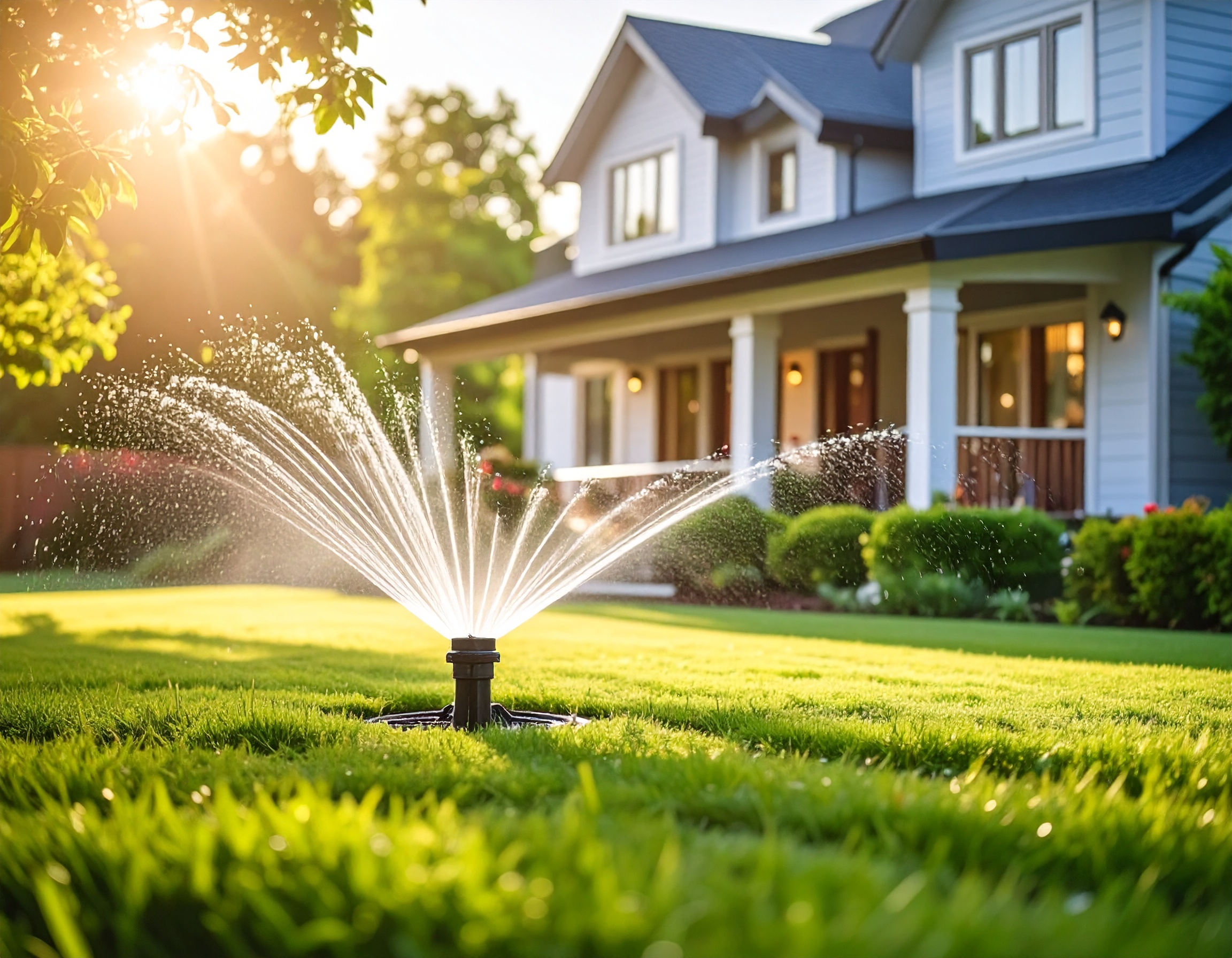 Professional irrigation system installation in a beautiful landscape